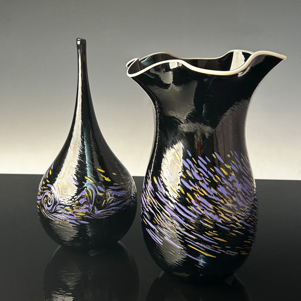 Black Vase Set with Purple and Gold