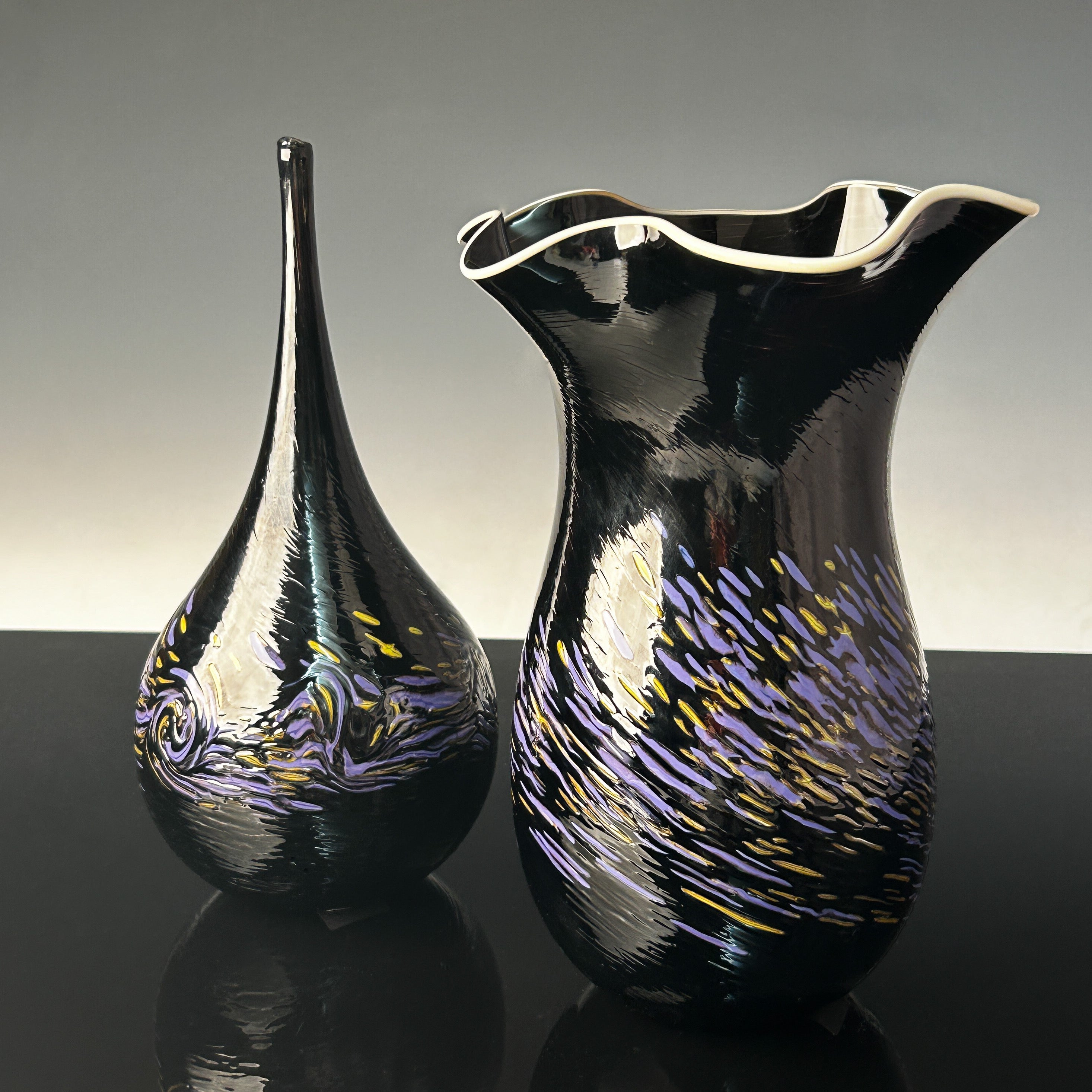 Black Vase Set with Purple and Gold